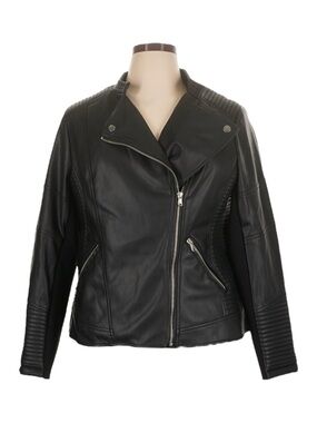 East Adeline 1X Faux Leather Moto Jacket Black Ribbed Asym Zip Plus Size